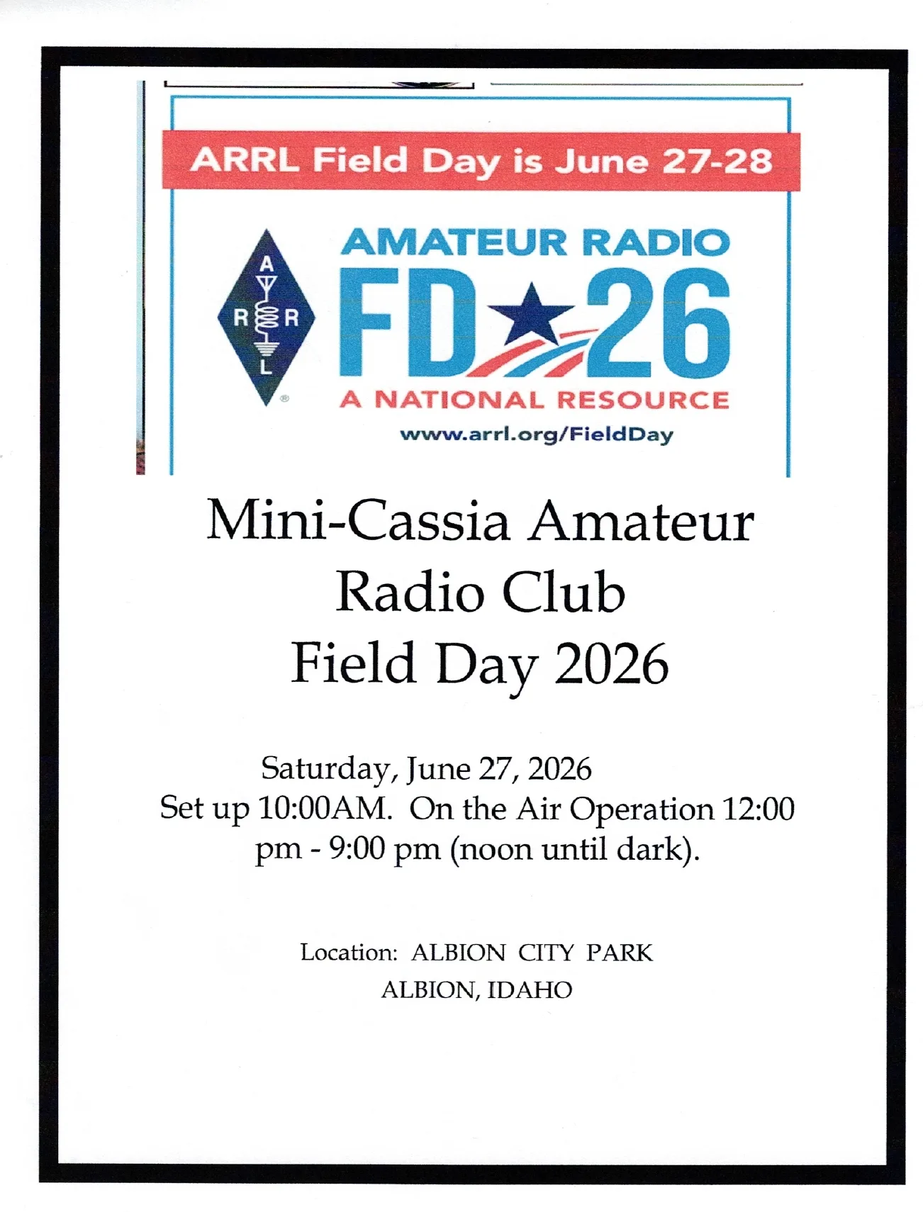 Mini-Cassia Amateur Radio Club Field Day June 27, 2026